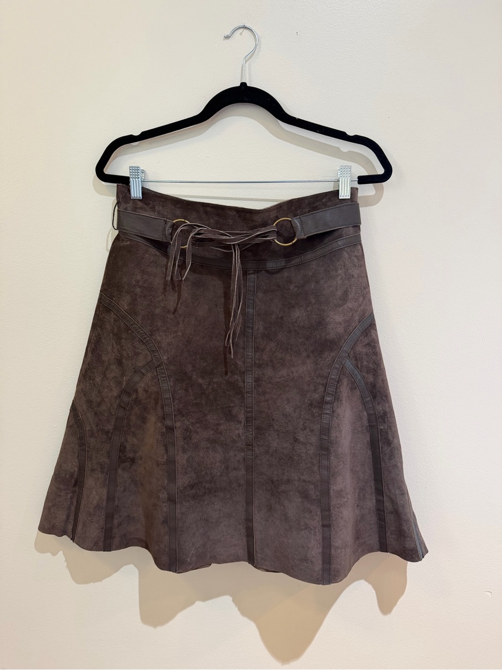 Promod Brown Suede A-Line Skirt with leather Belt  lined Size medium